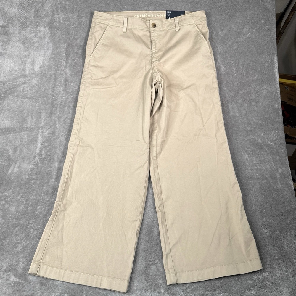 American Eagle Pants Womens 14 Regular Tan Khaki Baggy Wide Leg Trouser NEW NWT